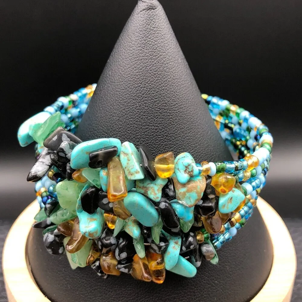 Gemstone Bracelet‎ 7inch Mixed Malachite Quartz Glass Seed Bead Sizable Cuff